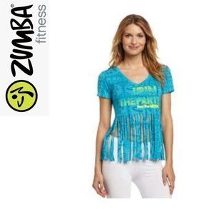 NWT Zumba Fitness Blue Tie-Dye Fringe Tee